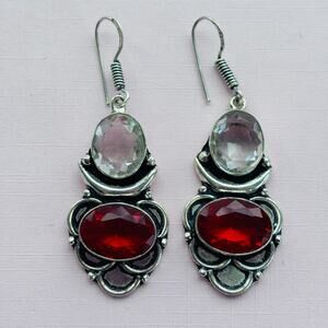 925 Sterling Garnet & White Topaz Dangle Earrings
